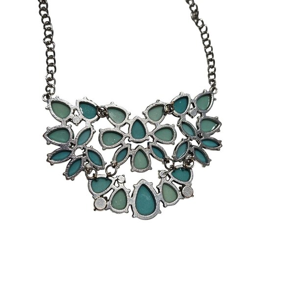 Retro 60s Statement Blue Gray Teardrop Beaded Bib Necklace Silver Tone Chain - Picture 3 of 5